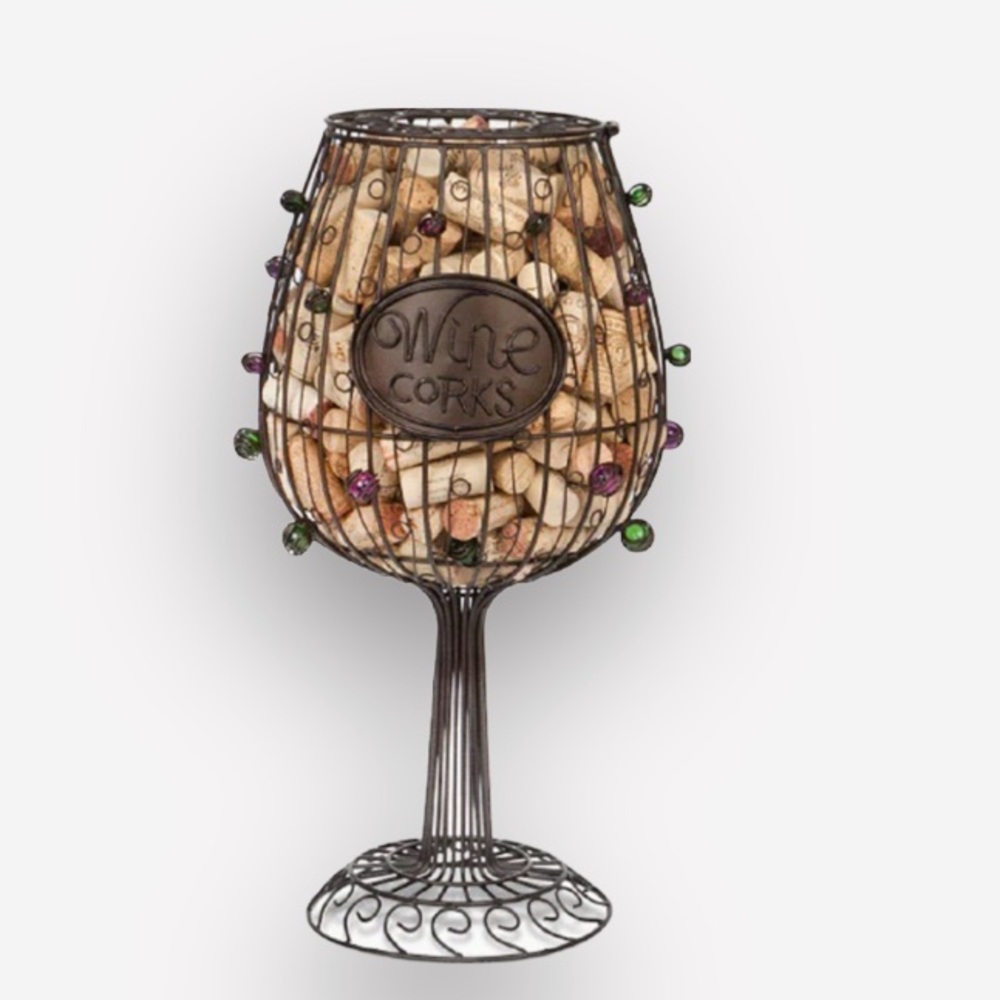 🍷 GIANT WINE GLASS SHAPED🍷 MTEAL CORK CAGE DISPLAY BOTTLE STOPPER HOLDER